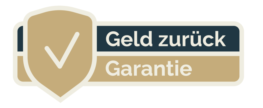 Schild-Symbol und der Aufschrift 'Geld-zurück-Garantie' in Blau und Beige.